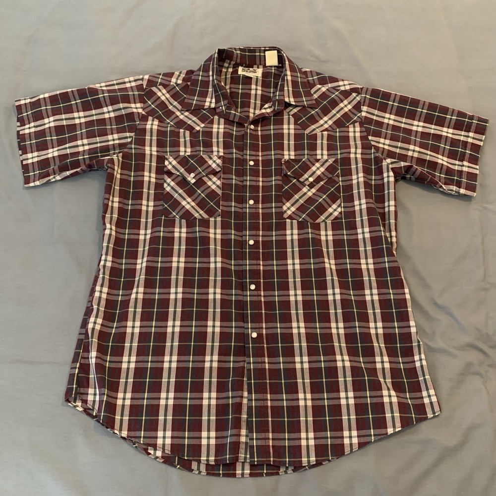 Ely Cattleman Shirt Mens Large Burgundy Plaid Western Pearl Snap Short Sleeve‎